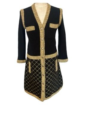 CHANEL 2015 Black and Gold Tweed-Trim Knit Dress
